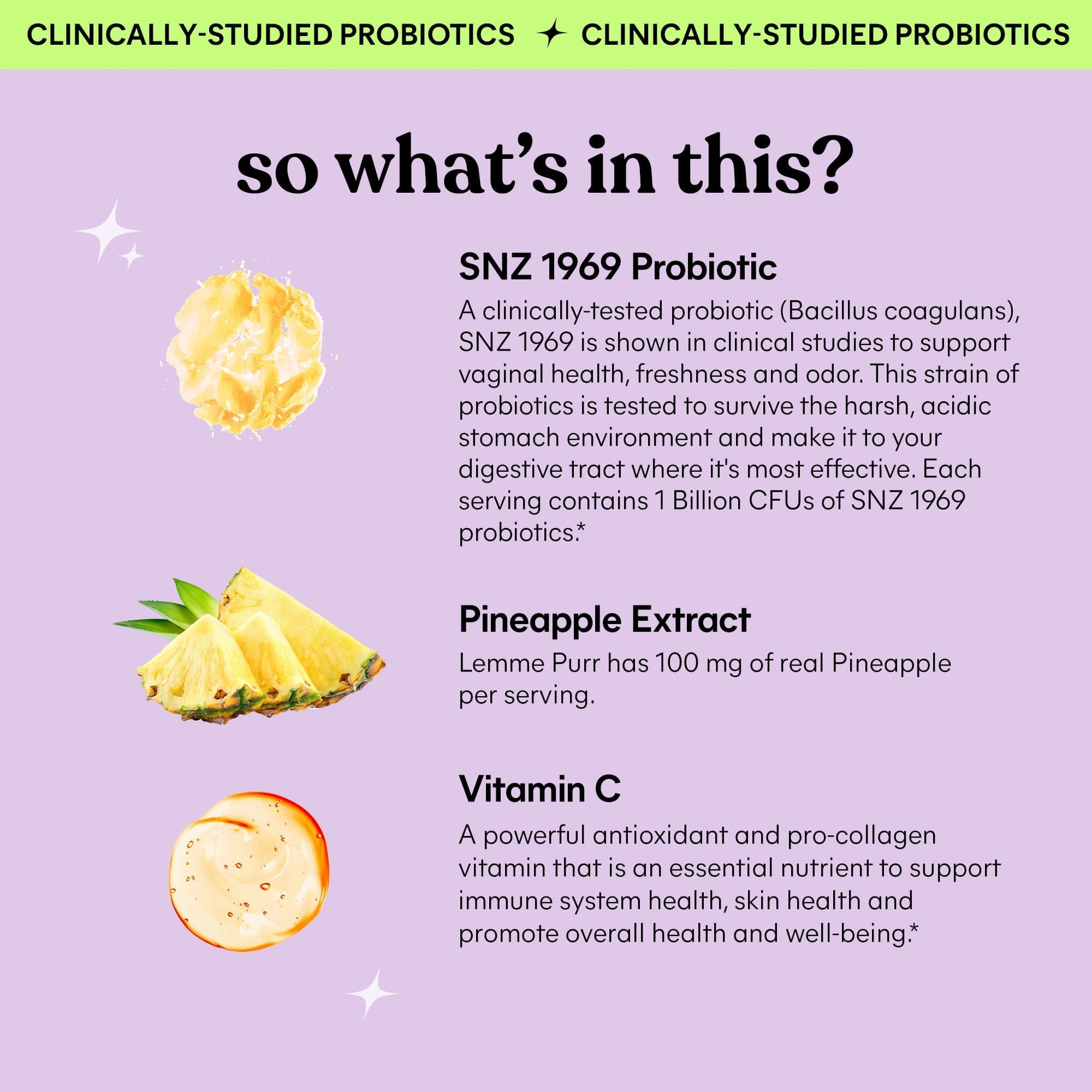 Lemme Purr Vaginal Probiotic Gummies for Women - Balanced pH, Healthy Odor, Yeast Balance & Flora Support + Vitamin C for Immune Health - Tasty Pineapple (60 Count)