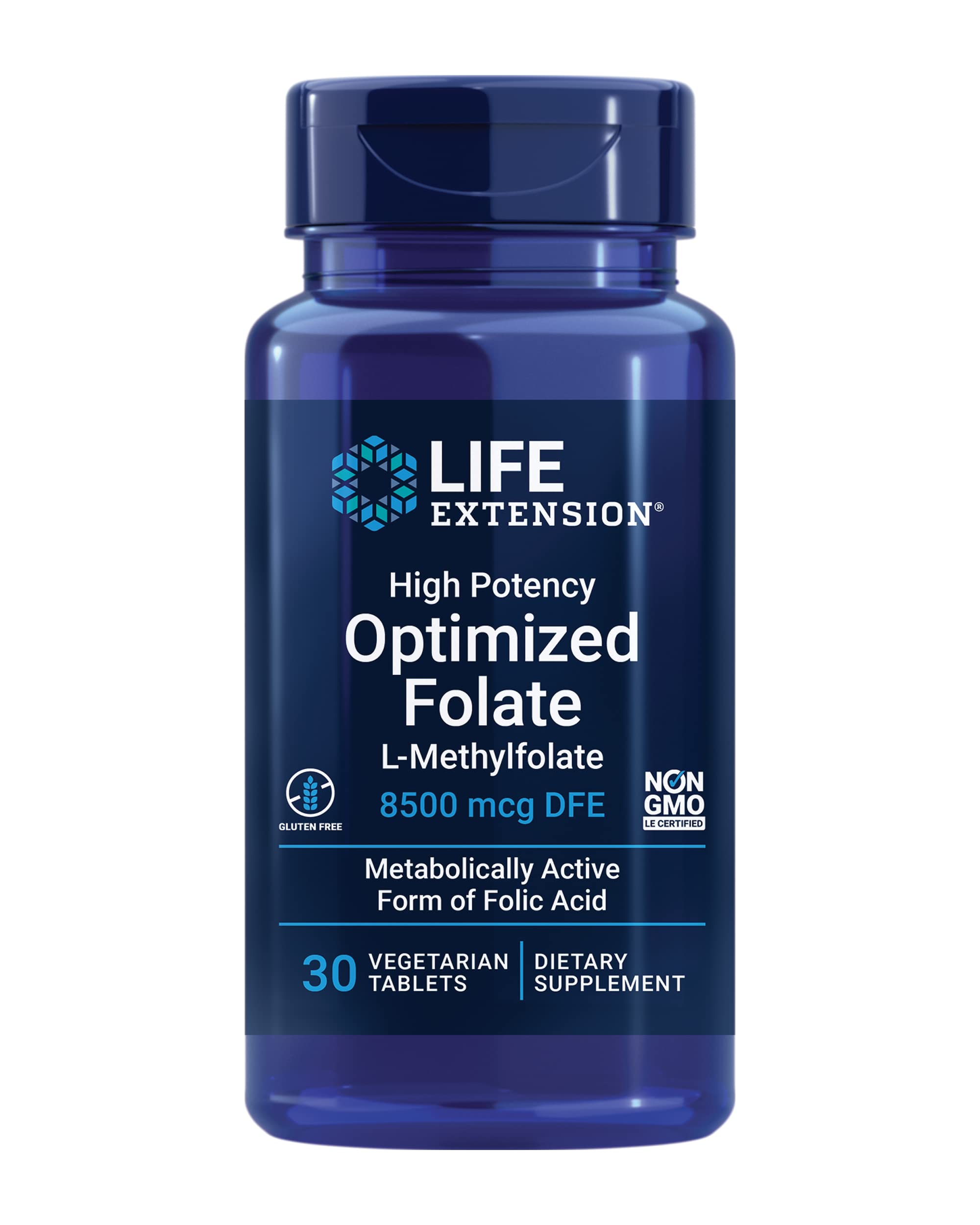 Life Extension High Potency Optimized Folate – L-methylfolate – Folic Acid, 8500 mcg DFE – Heart & Brain Support, Healthy Homocysteine Levels – Gluten-Free, Non-GMO, Vegetarian – 30 Tablets
