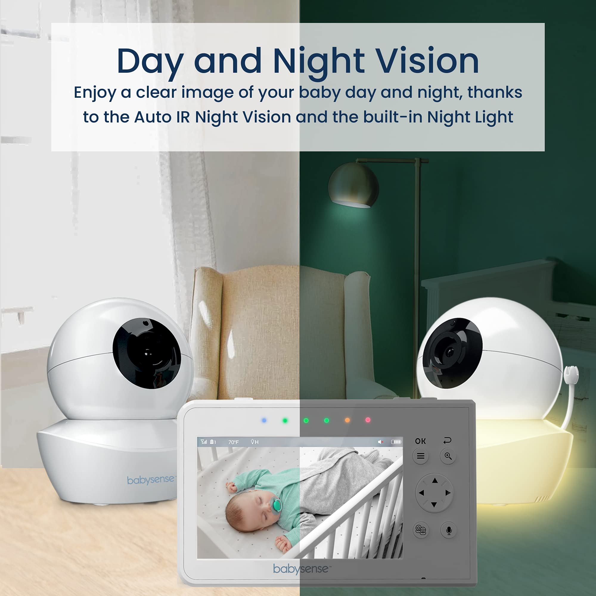 Babysense Baby Monitor with 2 Cameras and Audio 4.3, Non Wifi Baby Monitor, Dual Split Screen, Portable Double Sleep Video Monitoring, Auto Night Vision & Light, Lullabies & White Noise Two-Way Audio