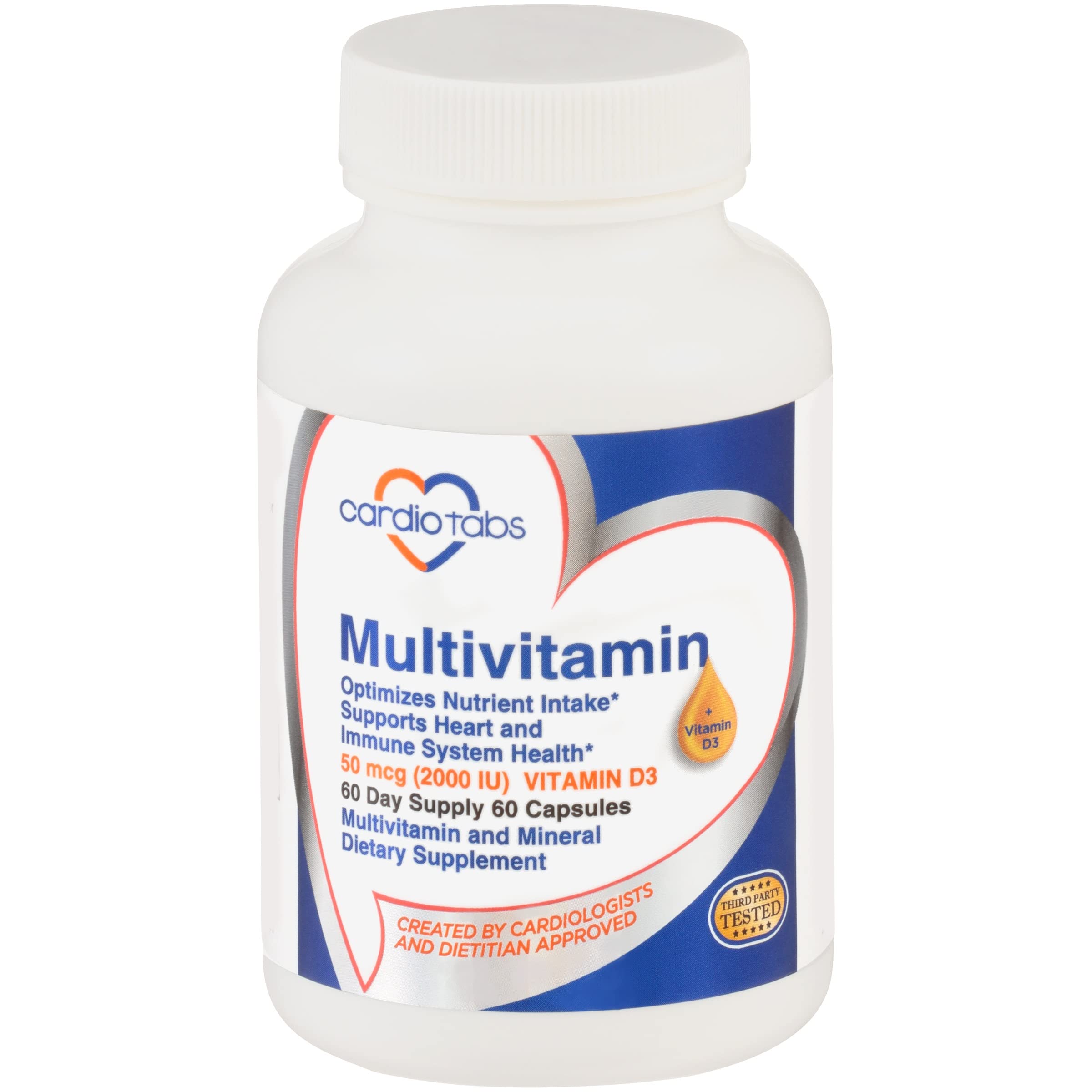 Cardiotabs Multivitamin - Heart and Immunity Supplements For Men & Women, Multivitamin for Men & Women, with Minerals B-Vitamin Complex, Vitamins A, C, E, K and 2000 IU Vitamin D3, 60-Count Bottle