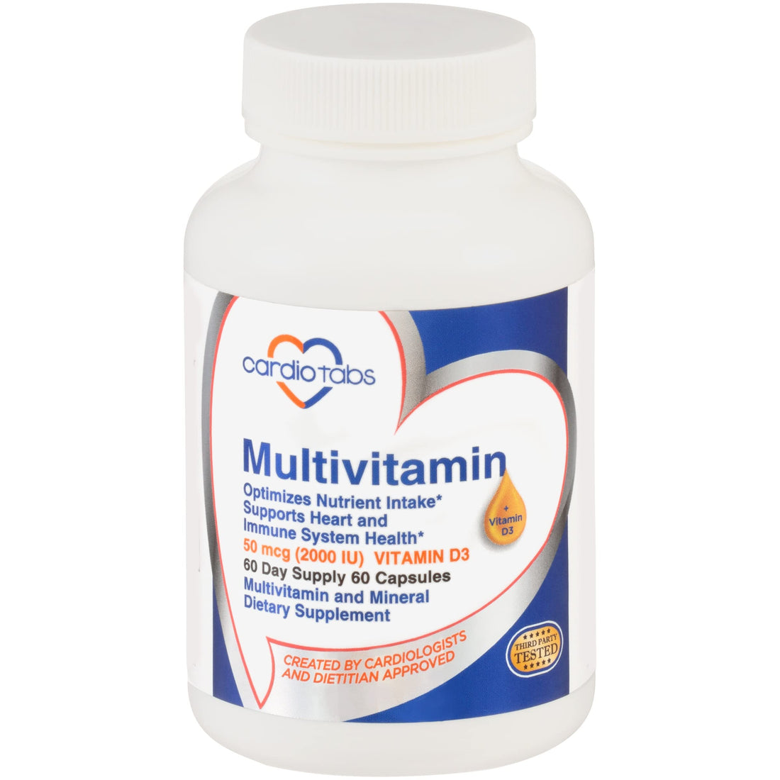 Cardiotabs Multivitamin - Heart and Immunity Supplements For Men & Women, Multivitamin for Men & Women, with Minerals B-Vitamin Complex, Vitamins A, C, E, K and 2000 IU Vitamin D3, 60-Count Bottle