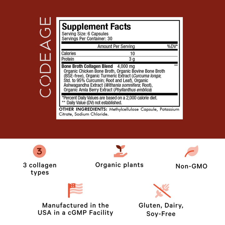 Codeage Organic Bone Broth Collagen Peptides Capsules Supplement, Grass Fed Beef Bone Broth, Free-Range Chicken Bone Broth, Turmeric & Ashwagandha - Collagen Types I, II, III - Non-GMO - 180 Capsules
