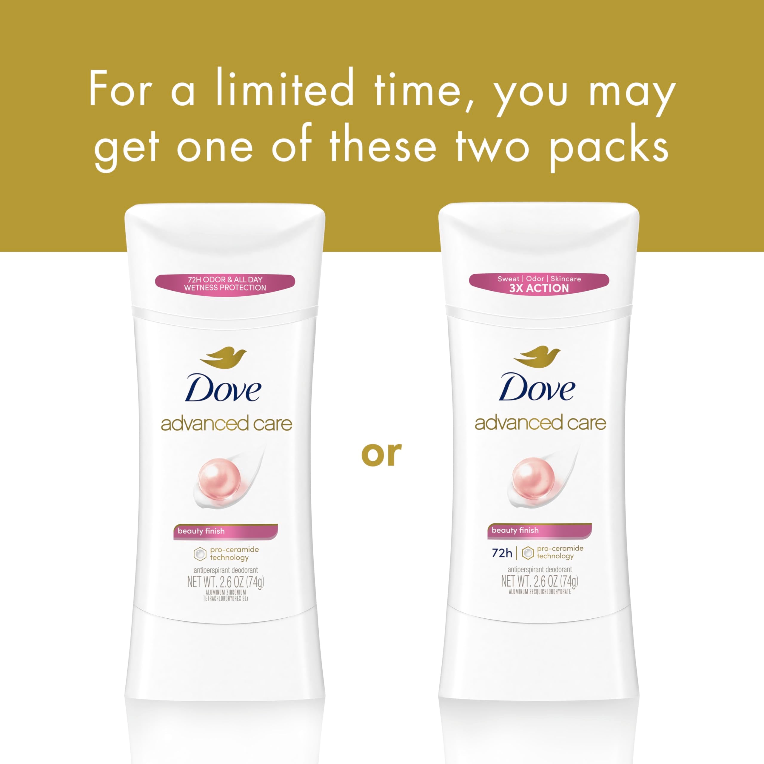 Dove Advanced Care Antiperspirant Deodorant Stick Beauty Finish for Helping Repair Skin Barrier After Shaving, with 72-Hour Sweat & Odor Protection, 2.6 oz