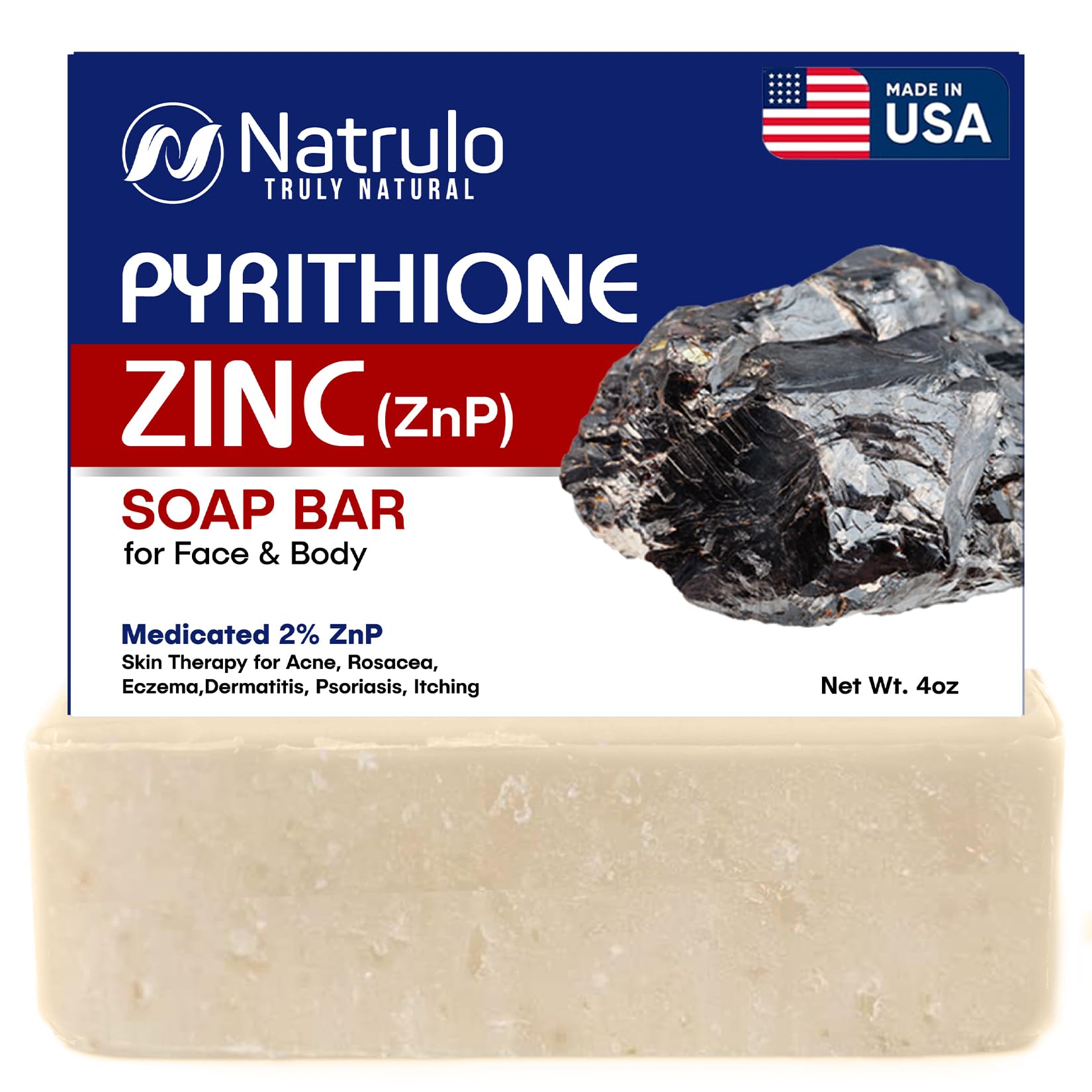 Herblov Pyrithione Zinc Soap Bar for Face & Body, 4oz | 2% ZnP Bar Soap Skin Therapy Cleanser for Acne, Rosacea, Eczema, Dermatitis, Psoriasis, Itching | Cleansing, Calming Facial Wash | Made in USA