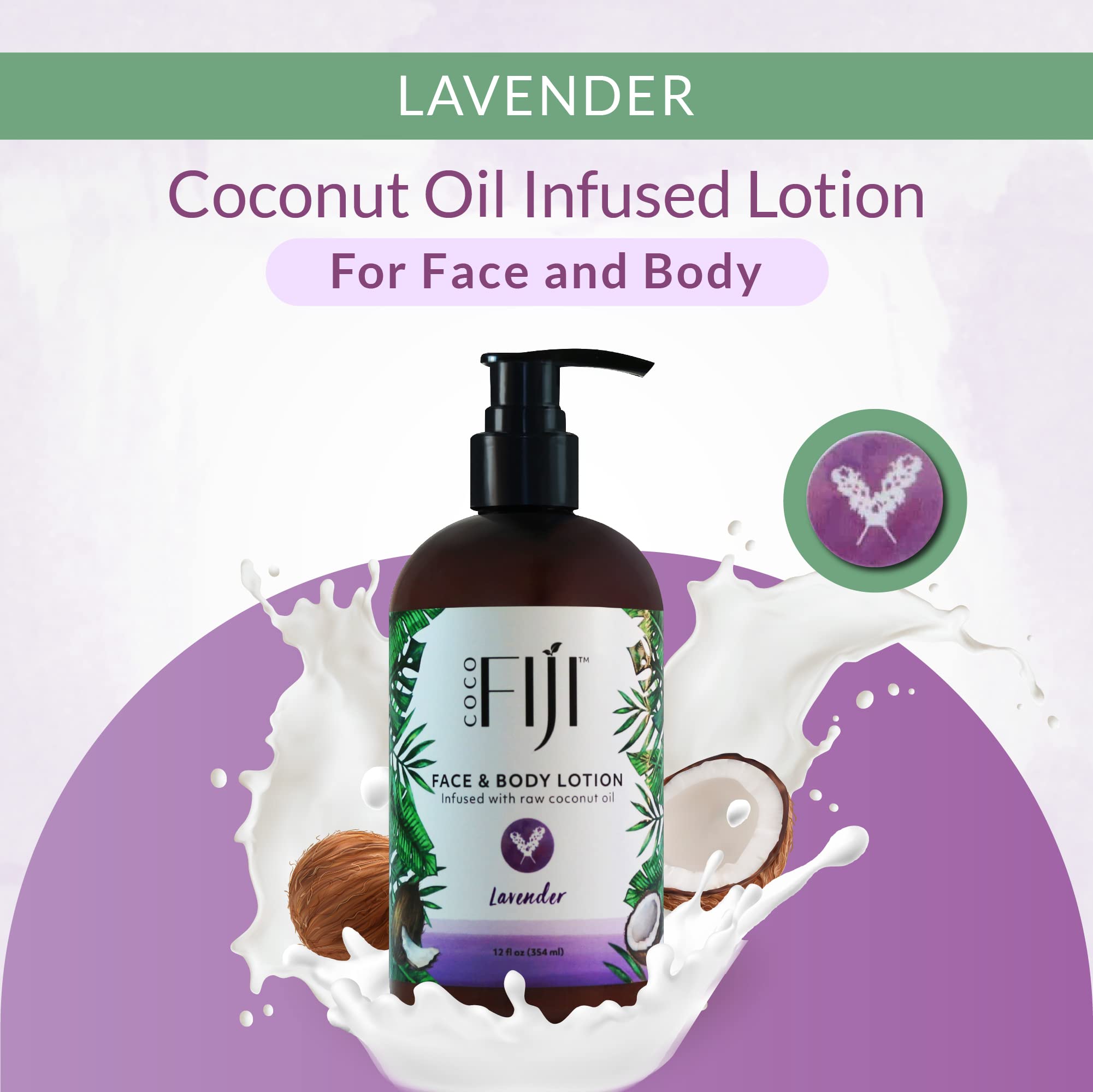 Organic Fiji Moisturizing Face and Body Organic Coconut Oil Lotion Lavender 12 Ounce
