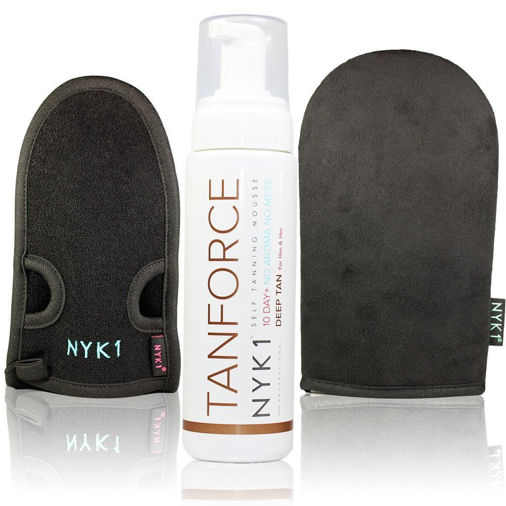 NYK1 Tanning Kit TanForce, MegaMitt and ExfoliMitt Invisible,Low Odour Self-Tanning Developing Skinny Look Fake Tan Tanning Mousse with Application and Exfoliating Mitts.The 1st BOYFRIEND Friendly Tan