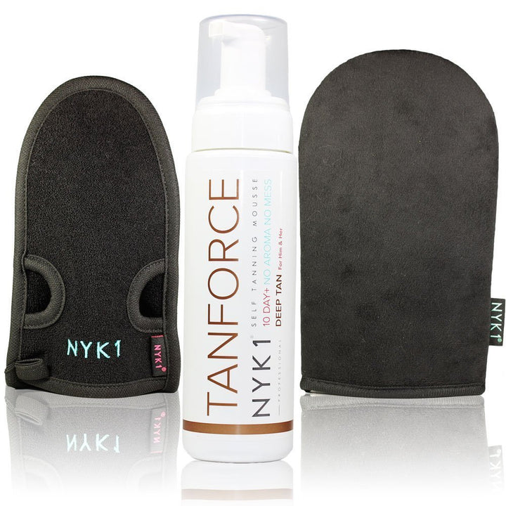 NYK1 Tanning Kit TanForce, MegaMitt and ExfoliMitt Invisible,Low Odour Self-Tanning Developing Skinny Look Fake Tan Tanning Mousse with Application and Exfoliating Mitts.The 1st BOYFRIEND Friendly Tan
