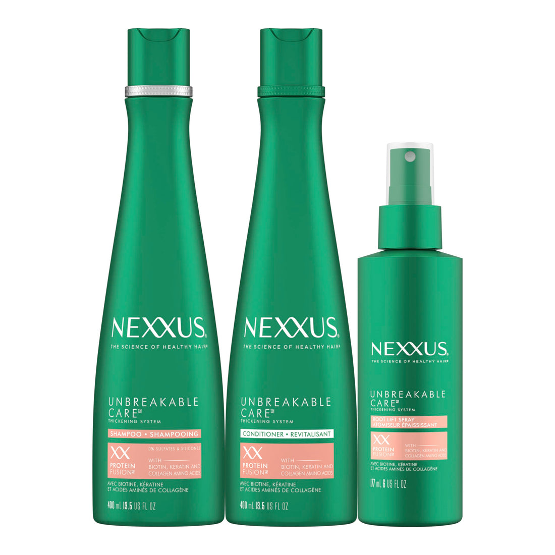 Nexxus Unbreakable Care Shampoo Conditioner and Leave-In Spray 3 Pack For Fine and Thin Hair with Keratin Collagen Biotin 13.5 oz 6 oz