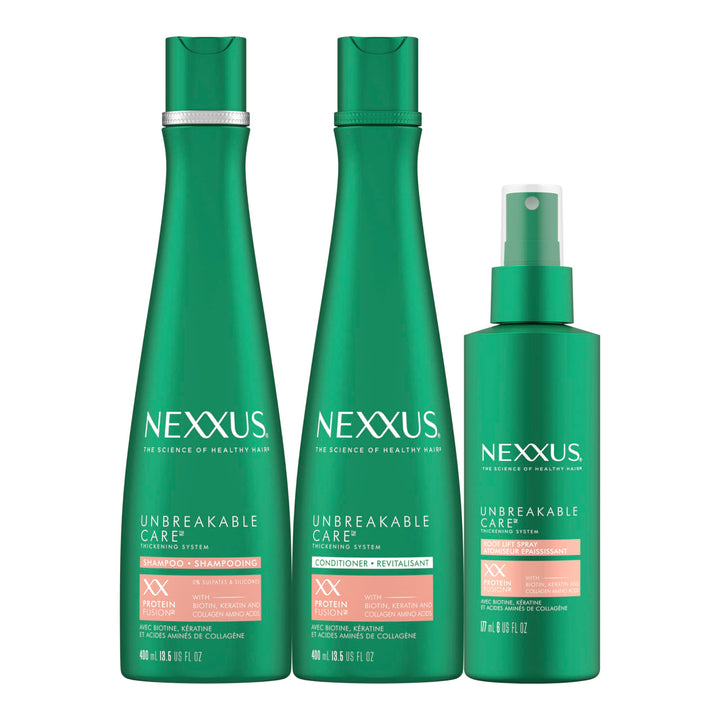 Nexxus Unbreakable Care Shampoo Conditioner and Leave-In Spray 3 Pack For Fine and Thin Hair with Keratin Collagen Biotin 13.5 oz 6 oz