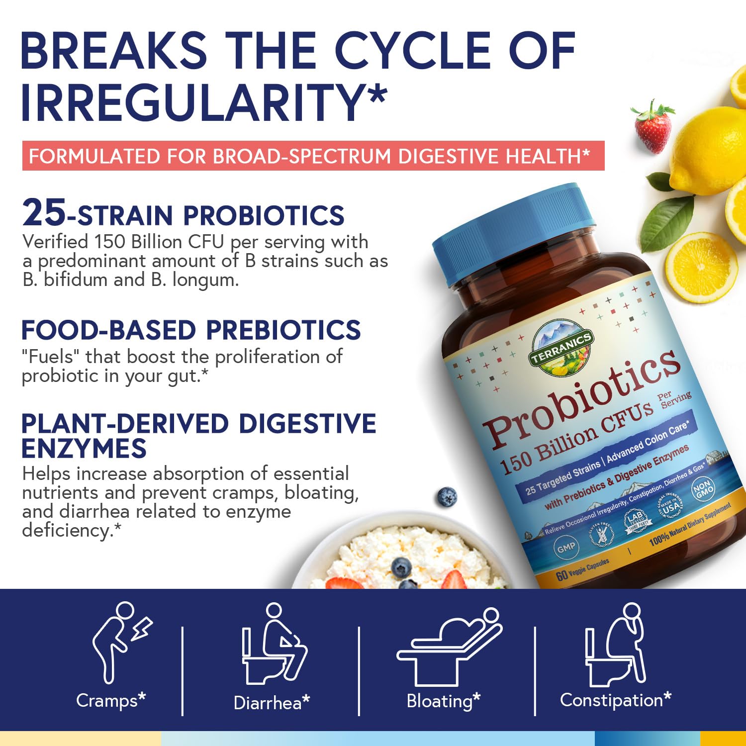 Terranics Probiotics 120 Billion with Prebiotics & Digestive Enzymes, 30 Tested Strains, Complete Digestion & Immune Support, Non-GMO, NO Soy, Dairy & Gluten, for Men and Women, 30 Veggie Capsules