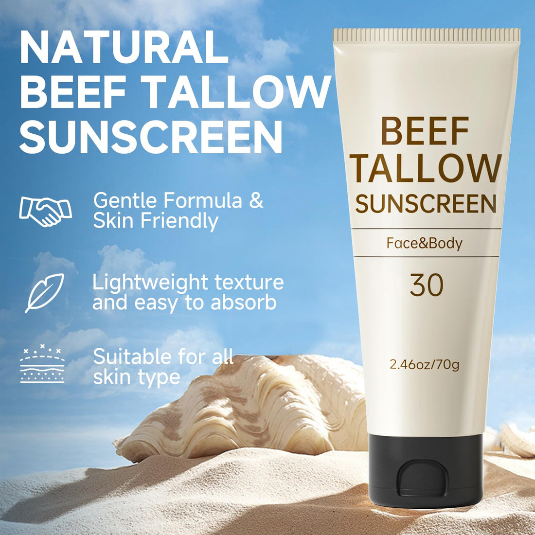 Tallow Sunscreen, Sunscreen for Face, Natural Reef Safe Face Body Beef Tallow Sunblock, Non Greasy Clean Travel Sun Screen Sunblock for Summer Outdoor Travel, 2.46 OZ