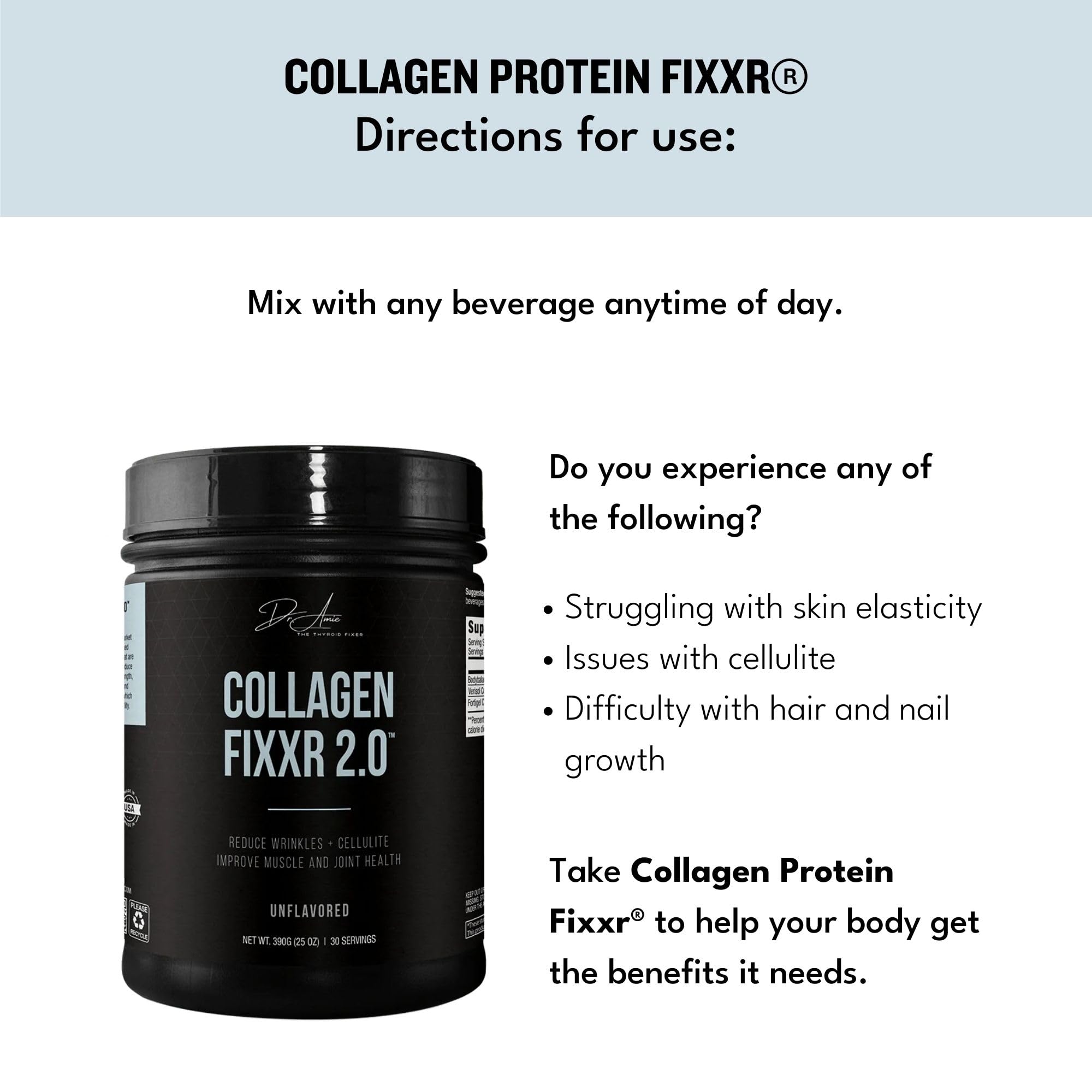 Fixxr Collagen 2.0 by Dr. Amie | with 3 Bioactive Collagen Peptides | Unflavored | 30 Servings
