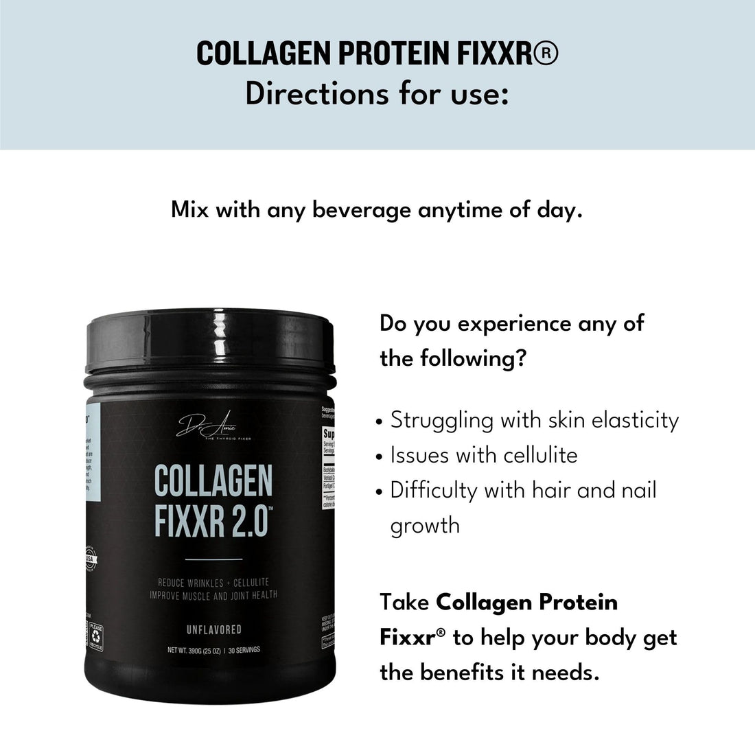 Fixxr Collagen 2.0 by Dr. Amie | with 3 Bioactive Collagen Peptides | Unflavored | 30 Servings