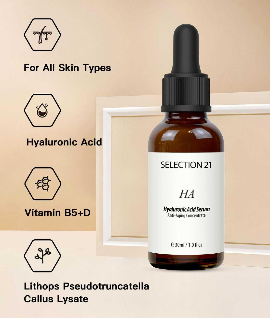 SELECTION 21 Advanced Hyaluronic Acid Serum for Face Anti Aging with 5% Hyaluronic Acid Complex, Hydrating Stem Cell Serum for Skin 1 Fl OZ.(pack of 1)
