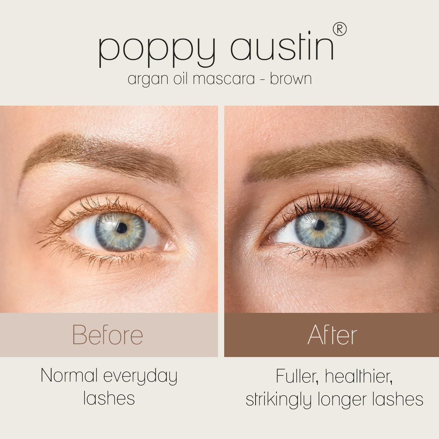 Poppy Austin Organic Mascara, Natural, Vegan, Paraben-Free, Cruelty-Free - Hypoallergenic Mascara Lengthening & Volumizing with Argan Oil - 0.31 Fl Oz (Brown)