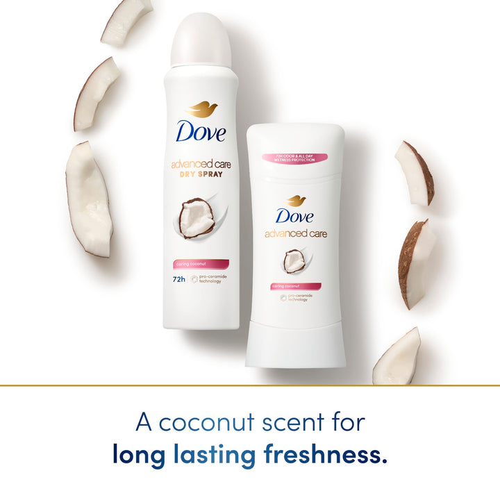 Dove Advanced Care Antiperspirant Deodorant Dry Spray Caring Coconut to help your skin barrier repair after shaving 72hour odor control and all-day sweat protection for soft, resilient underarms 3.8oz
