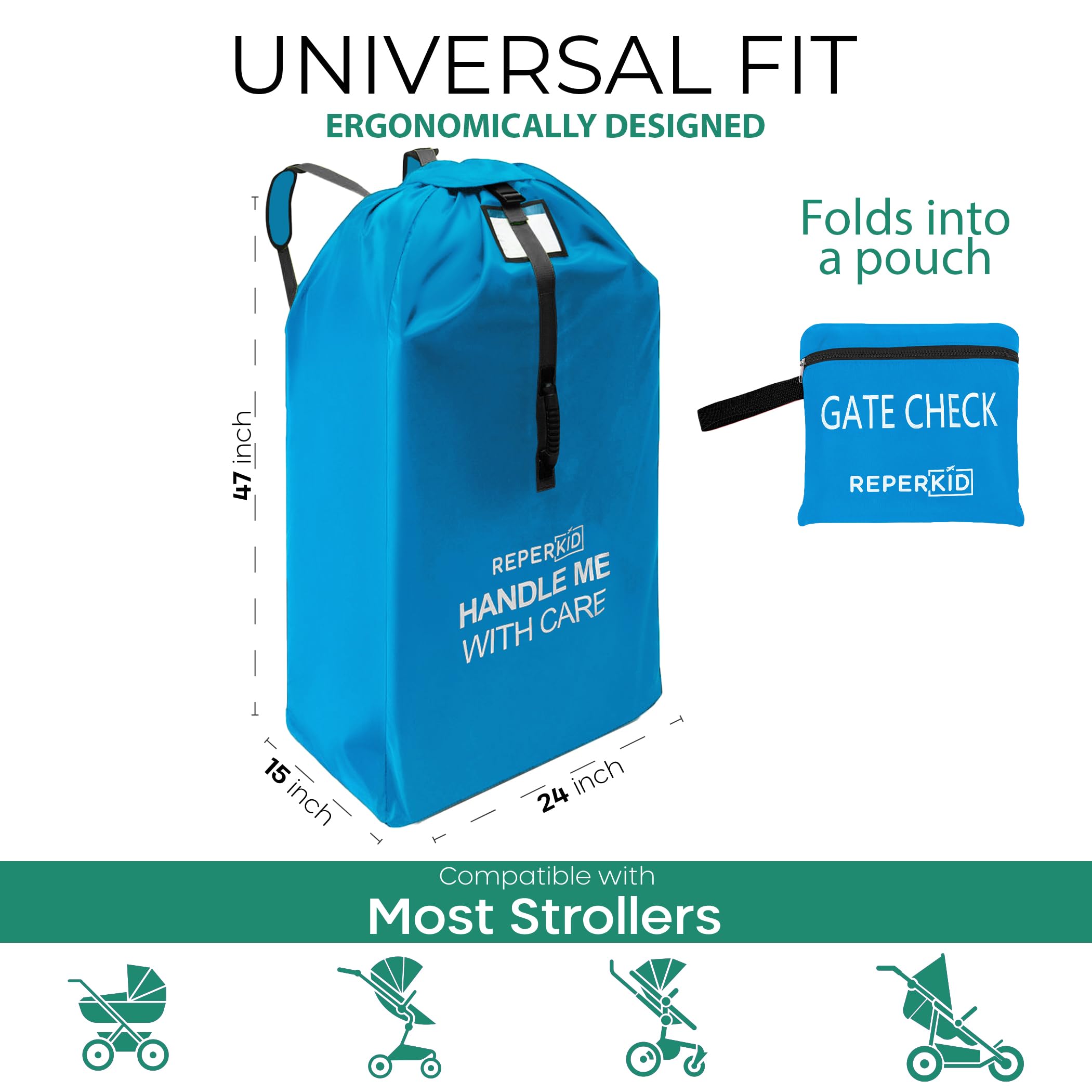 reperkid Large Stroller Bag for Airplane Travel, Blue, 47 H x 24 W x 15 D, Fits Most Large, Single, Double, Jogging Strollers – Premium Waterproof Cover, Adjustable Shoulder Straps