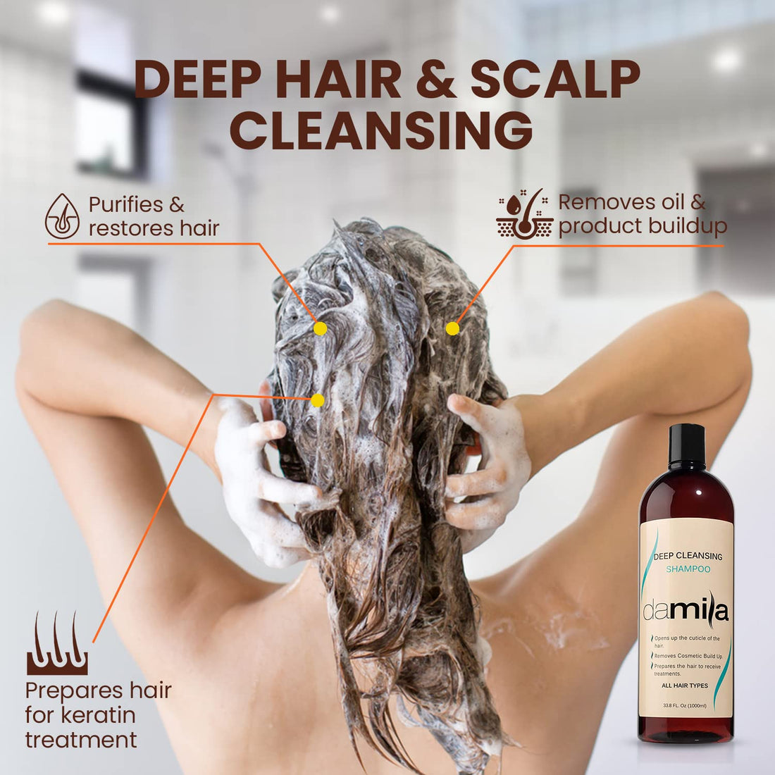 damila Deep Cleansing Shampoo - Clarifying Shampoo For All Hair Types - Degreases, Removes Residue and Product Build Up - Prepares Hair for Keratin Hair Treatment - 16.9 Fl. Oz