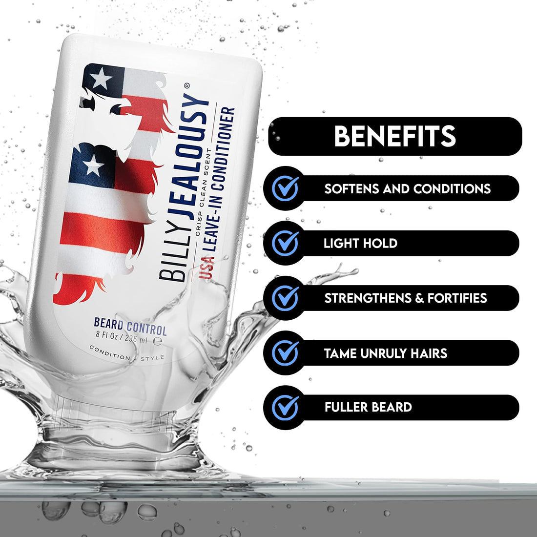 Billy Jealousy Original Beard Control Leave In Beard Conditioner for Men with Aloe Leaf Juice and Jojoba Seed Oil, Softens Hair and Skin, Light Hold with Matte Finish, 8 Fl Oz