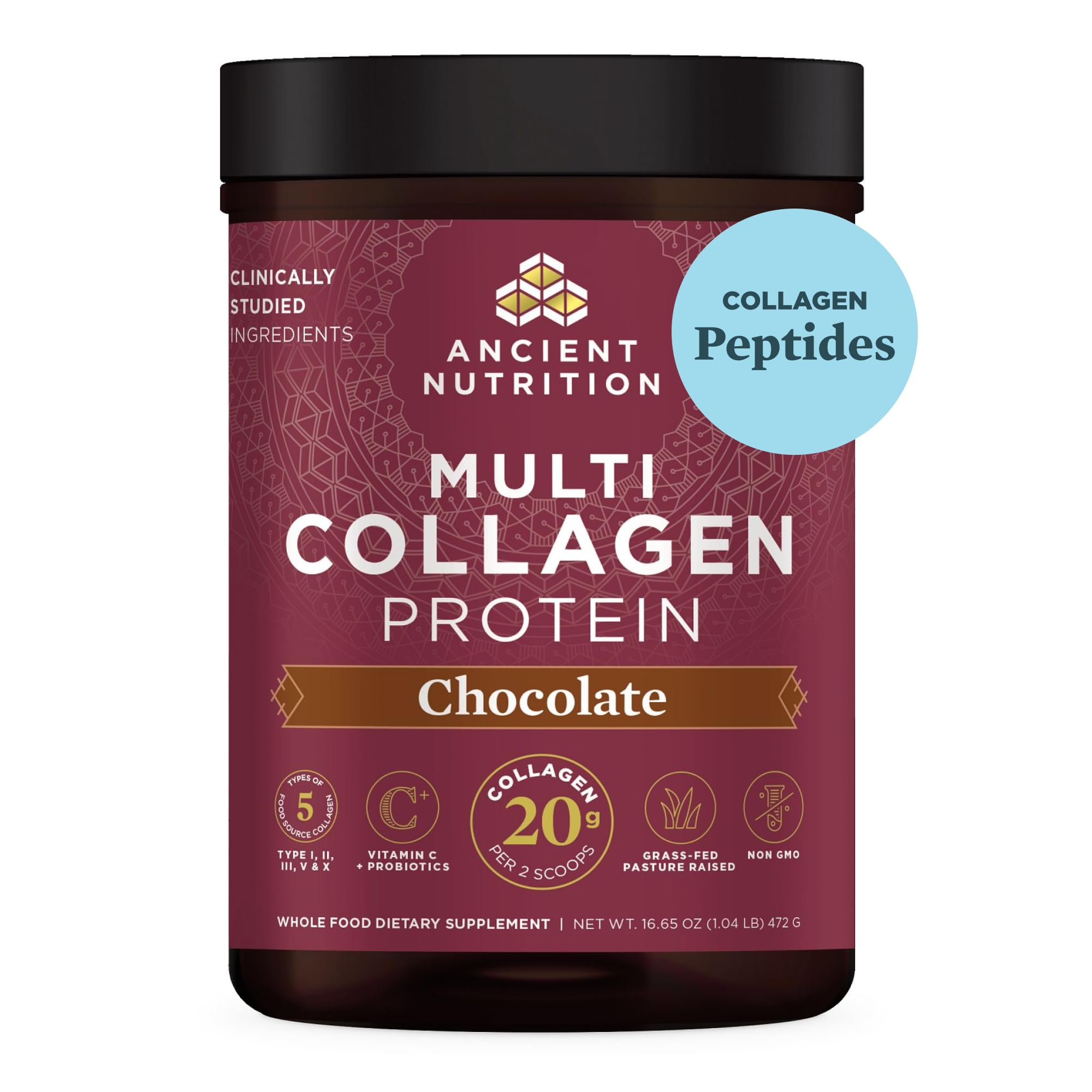 Ancient Nutrition Collagen Powder Protein, Multi Collagen Chocolate Protein Powder, 45 Servings, with Vitamin C, Hydrolyzed Collagen Peptides Supports Skin and Nails, Gut Health, 16.65oz