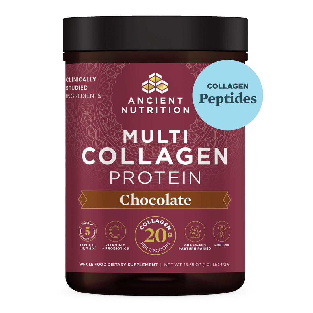 Ancient Nutrition Collagen Powder Protein, Multi Collagen Chocolate Protein Powder, 45 Servings, with Vitamin C, Hydrolyzed Collagen Peptides Supports Skin and Nails, Gut Health, 16.65oz