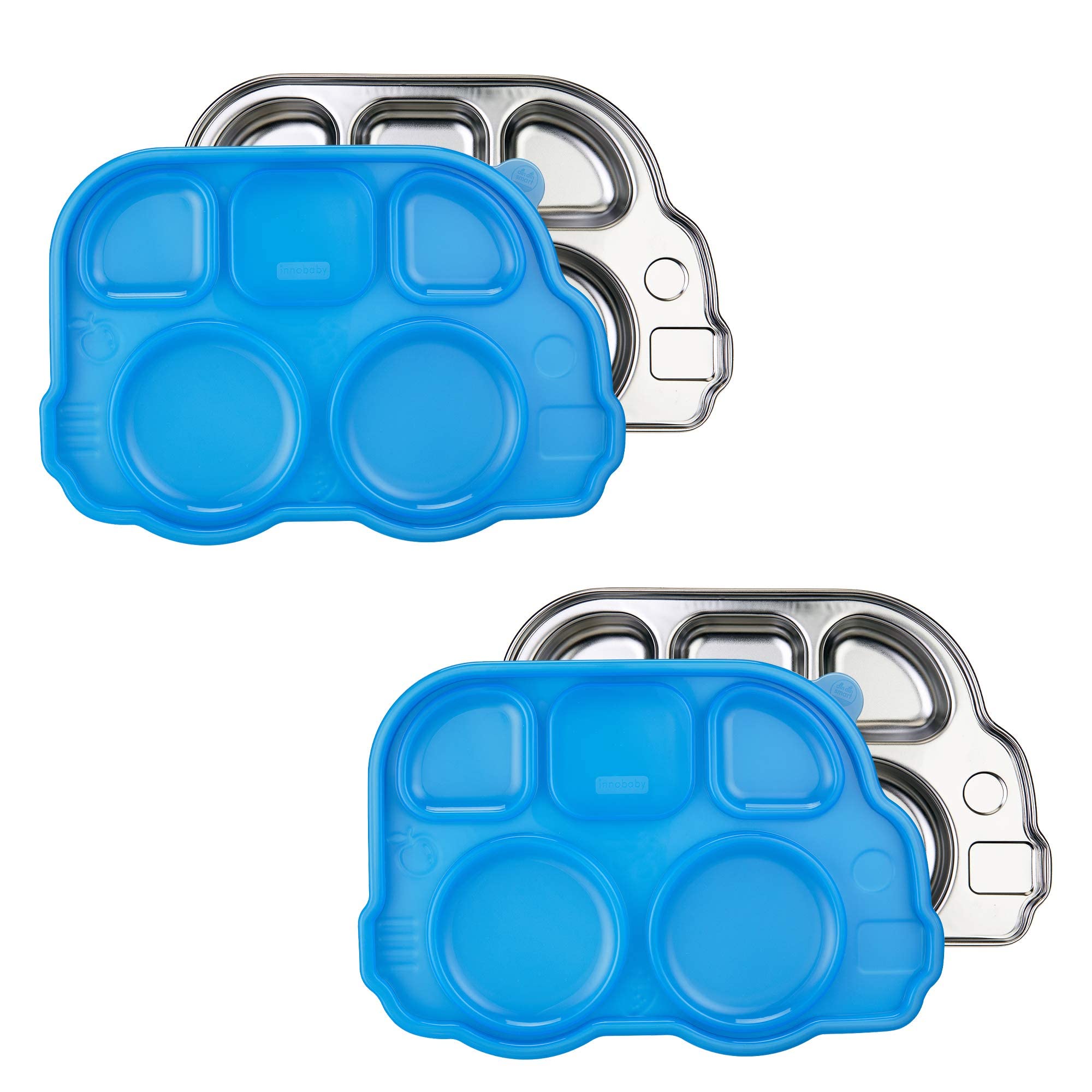 Innobaby Stainless Bus Plate with Sectional Lid, The Original, Leak-Resistant Divided Platter, Mom Invented Fun Shape Plate Din Din Smart for Babies, Toddlers and Kids, BPA Free, Blue, 2 Pack