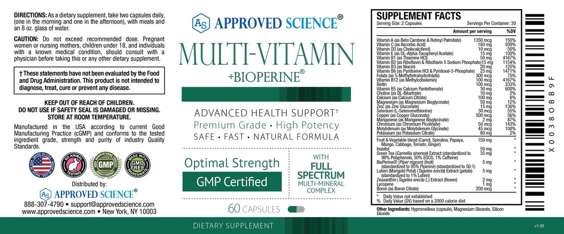 Approved Science Multi-Vitamin - with Full-Spectrum B-Vitamins, Green Tea, Lutein, Lycopene, Zeaxanthin, BioPerine - 60 Capsules - 1 Month Supply