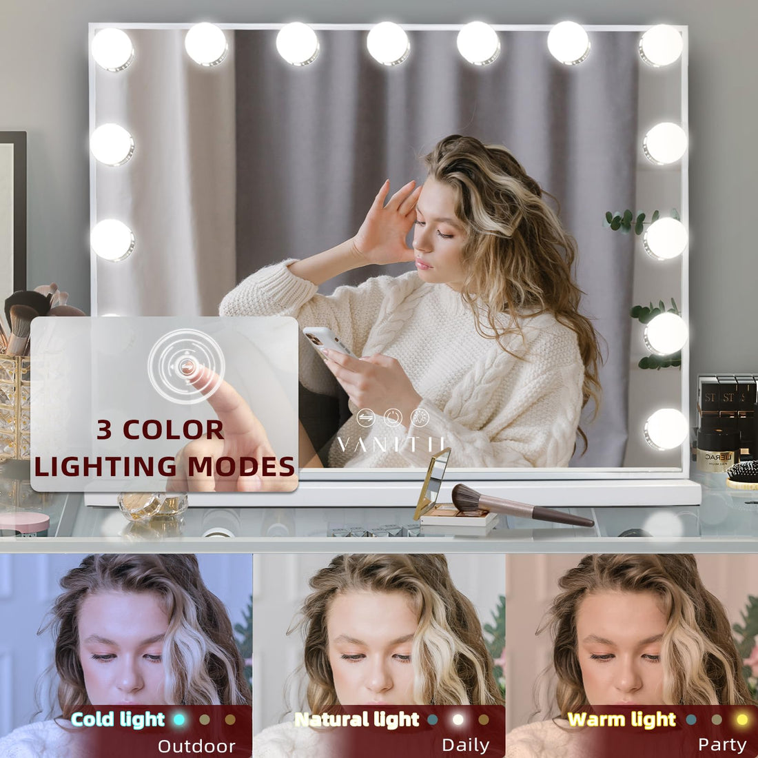 VANITII Hollywood Vanity Mirror with Lights USB Charging 22.8”*18.1” Lighted Makeup Mirror with 15 LED Bulbs Dimmable 3 Modes Tabletop for Cosmetic