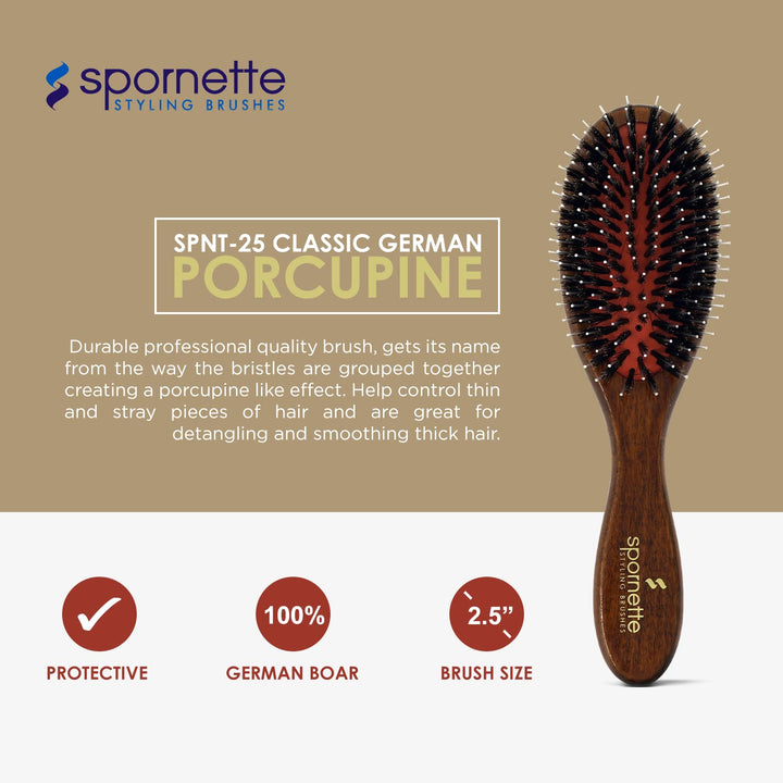 Spornette Classic Cushion Porcupine Oval Boar and Nylon Bristles Hair Brush