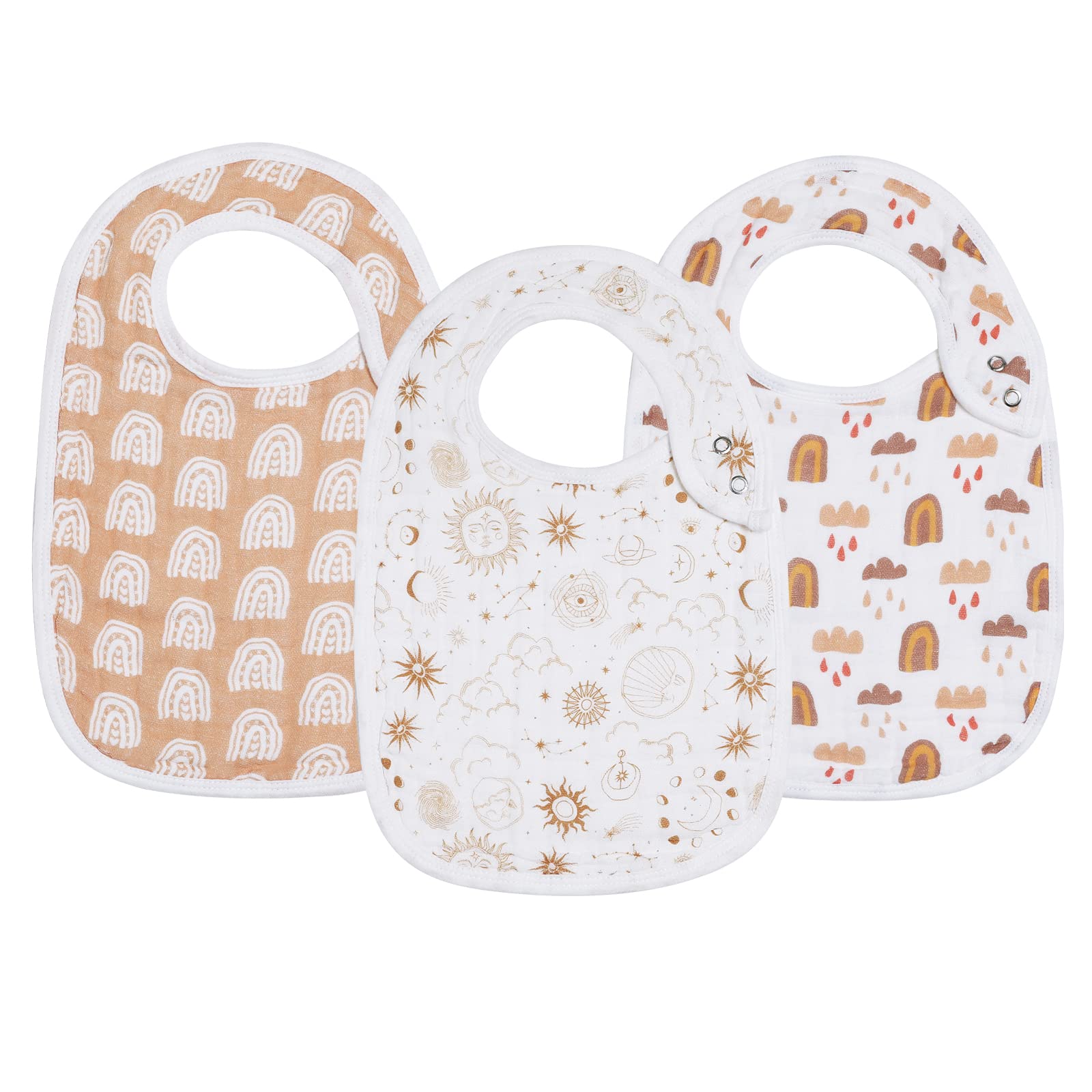 Snap Muslin Bibs for Girls, 3-Pack Baby Bibs for Infants, Newborns and Toddlers, 100% Cotton Muslin Absorbent & Soft Layers, Adjustable Snaps,Rainbow,Cosmos,Clouds