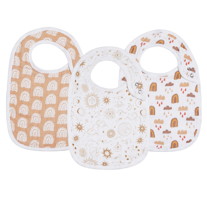 Snap Muslin Bibs for Girls, 3-Pack Baby Bibs for Infants, Newborns and Toddlers, 100% Cotton Muslin Absorbent & Soft Layers, Adjustable Snaps,Rainbow,Cosmos,Clouds