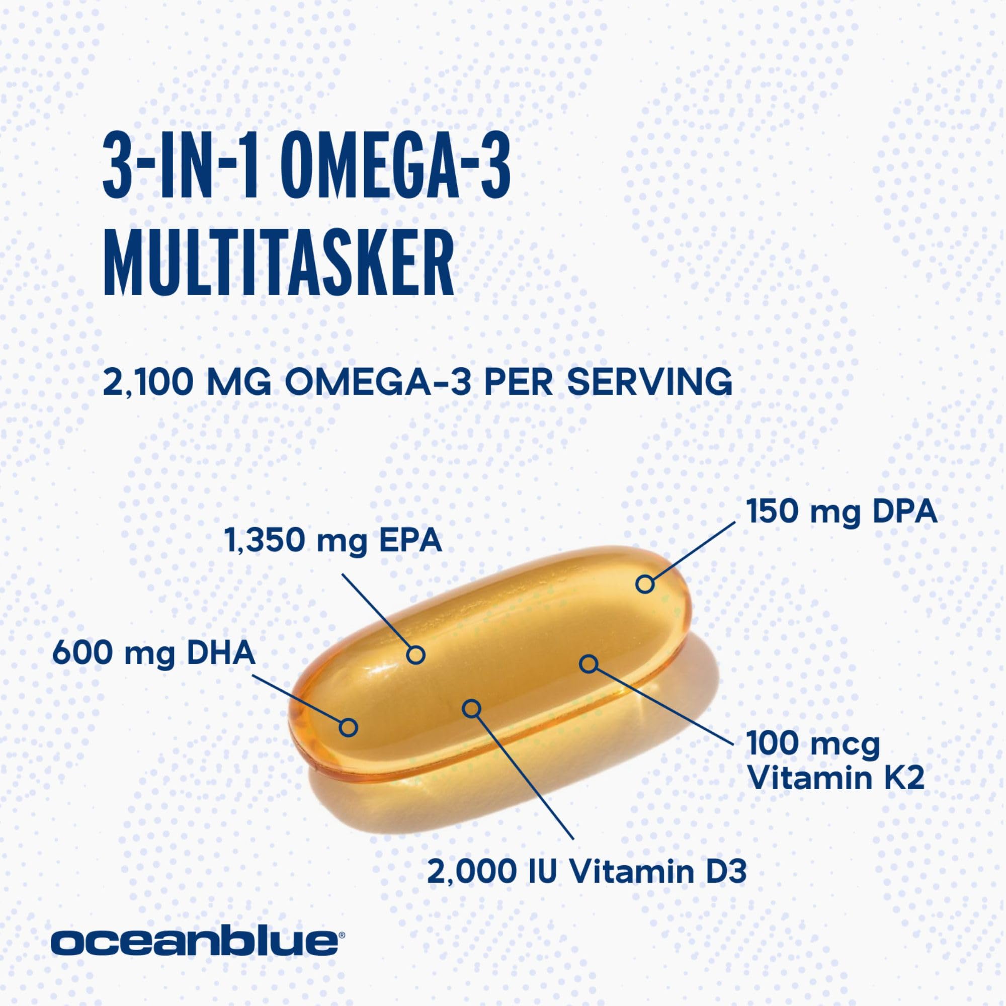 Oceanblue Professional Omega-3 2100 with Vitamin K2 and Vitamin D3-60 Count - Triple Strength Burpless Fish Oil Omega-3 Supplement with EPA, DHA & DPA - Wild Caught - Orange Flavor, 30 Servings