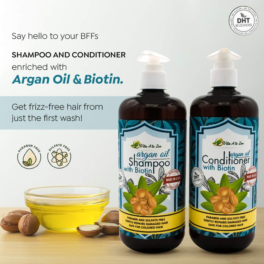 Vita A to Zee Moroccan Argan Oil Biotin Shampoo & Conditioner Set (2 x 16.9 Fl Oz) | Natural Hair Repair, Moisturization & Conditioning Treatment for Dry, Damaged Hair | DHT Blocker & Anti Hair Loss