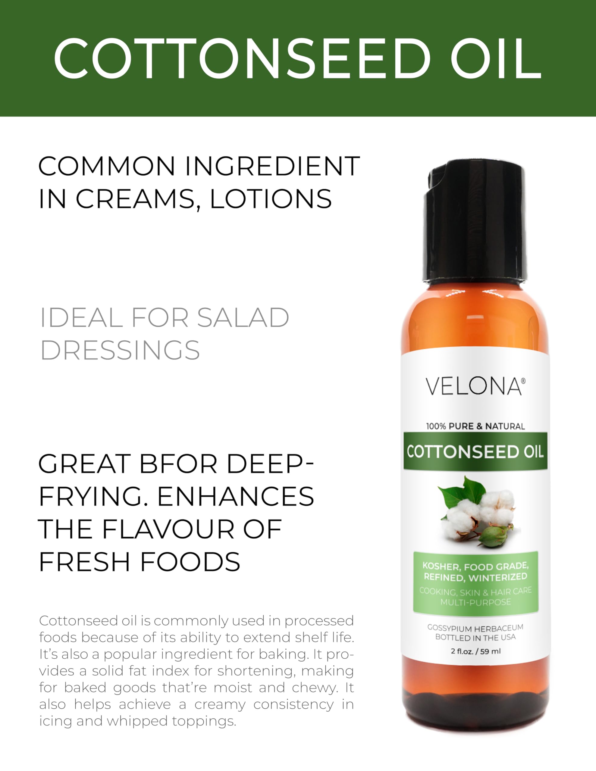 Cotton Seed Oil by Velona - 2 Fl Oz | 100% Pure and Natural Carrier Oil | Refined, Cold Pressed | Cooking, Skin, Face, Body, Hair Care | Use Today - Enjoy Results