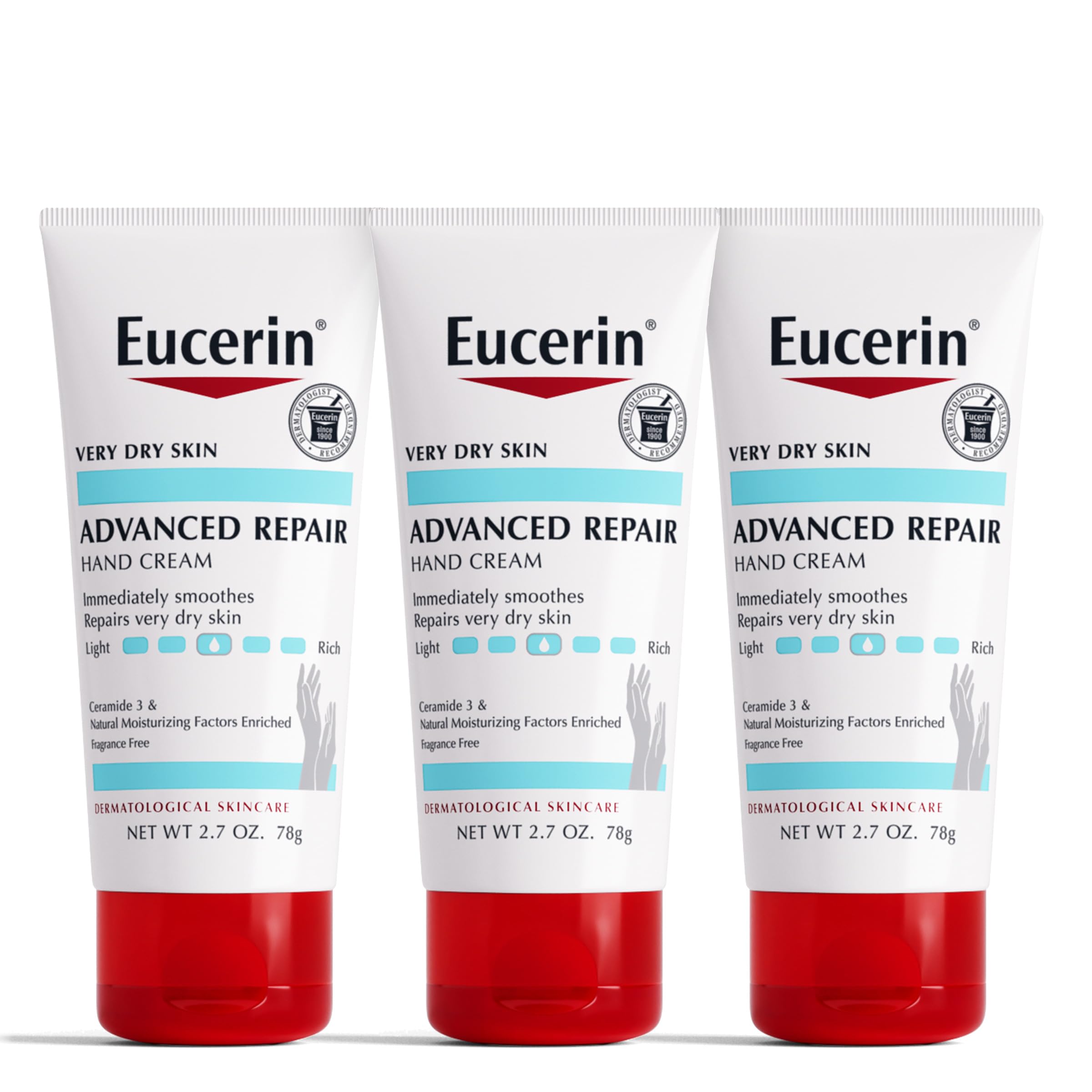 Eucerin Advanced Repair Hand Cream, Fragrance Free Hand Lotion for Dry Skin, 2.7 Oz Tube, Pack of 3