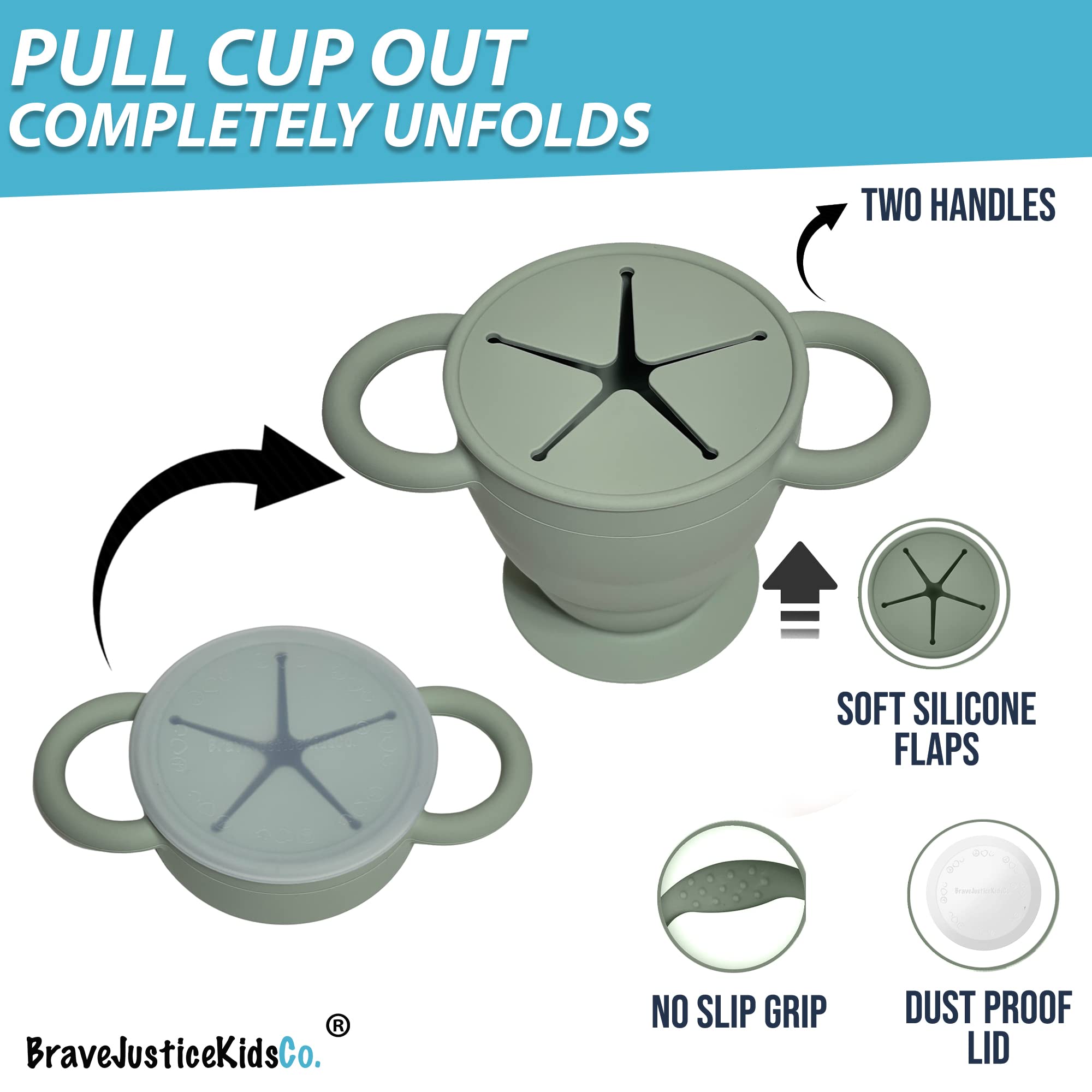 BraveJusticeKidsCo | Snack Attack II Snack Cup | Collapsible Silicone Snack Container | Toddler and Baby Snack Catcher Lid (Blue Steel)