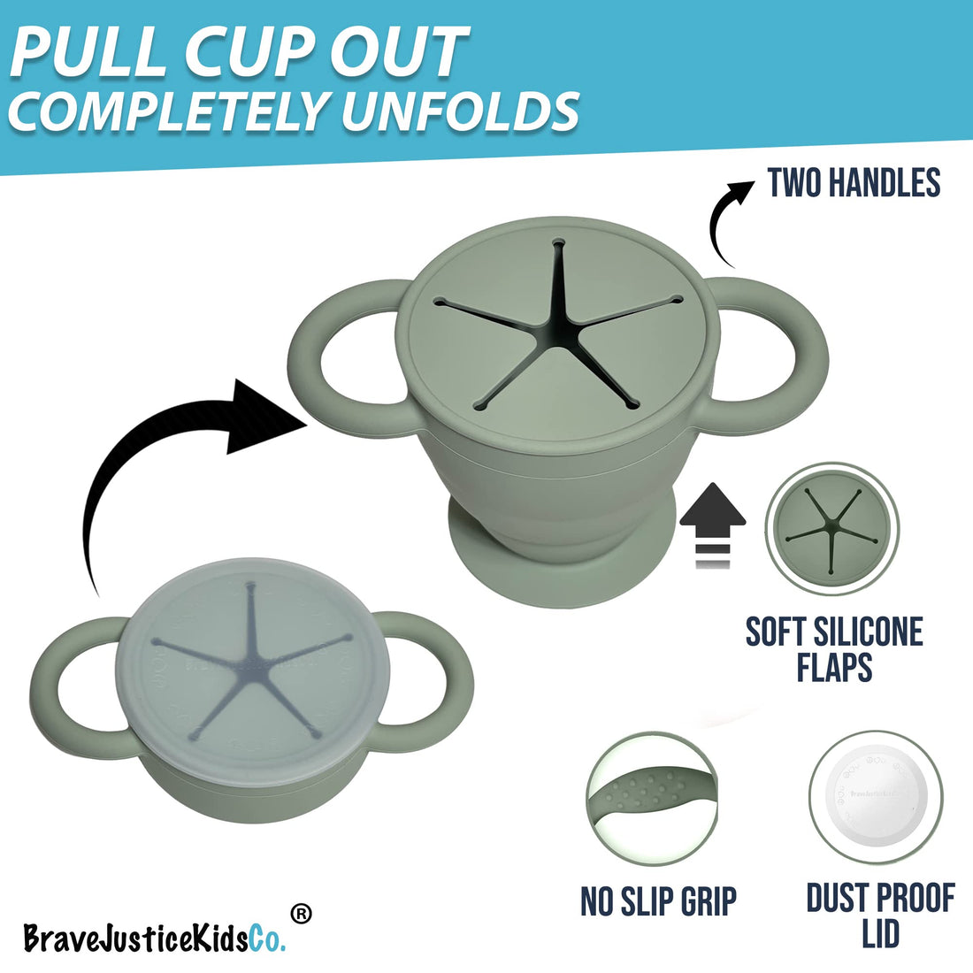 BraveJusticeKidsCo | Snack Attack II Snack Cup | Collapsible Silicone Snack Container | Toddler and Baby Snack Catcher Lid (Blue Steel)