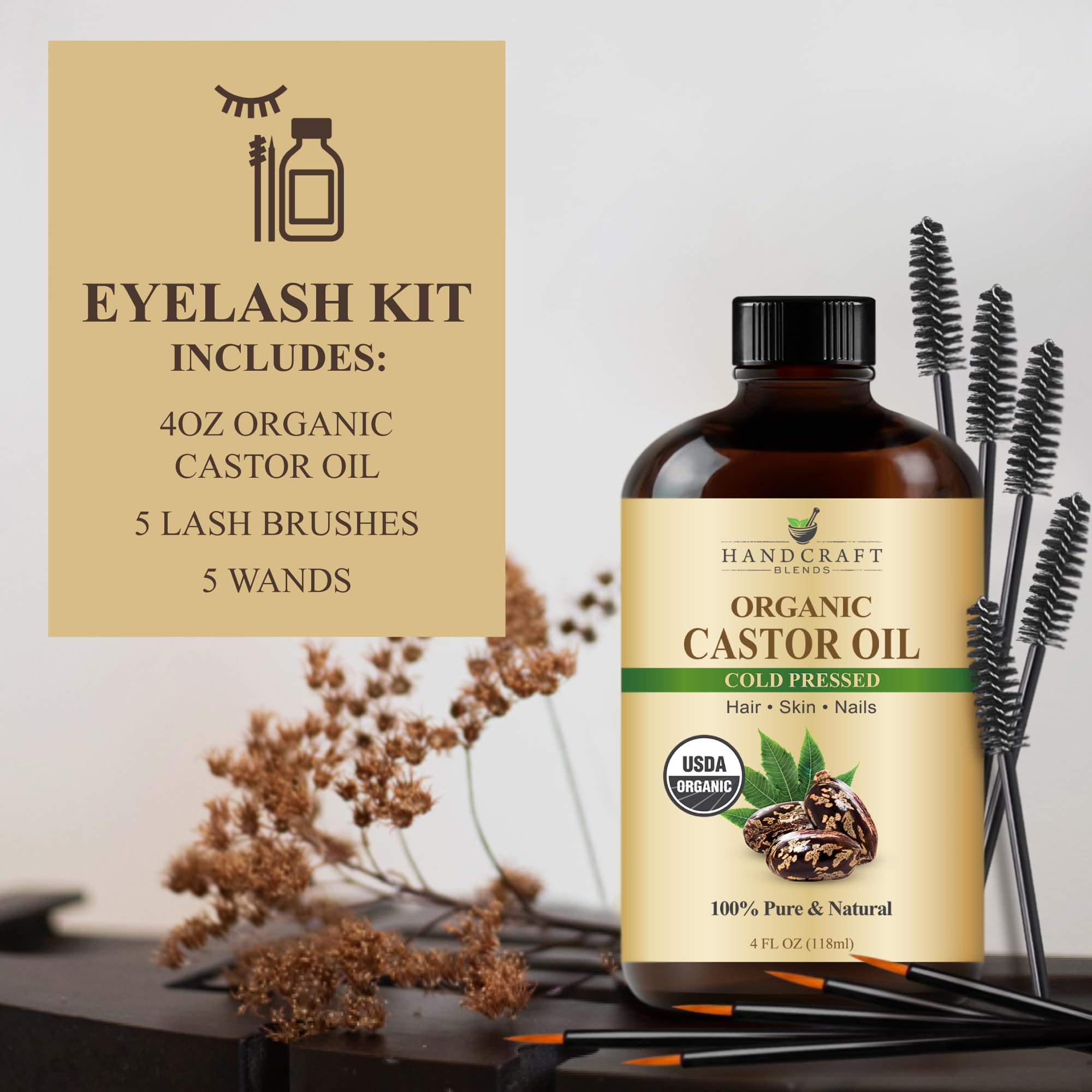 Handcraft Blends Cold-Pressed Organic Castor Oil in Glass Bottle with Lash Brushes - 4 Fl Oz - 100% Pure and Natural - Premium Grade Carrier Oil for Hair Growth, Eyelashes and Eyebrows - Hair and Body