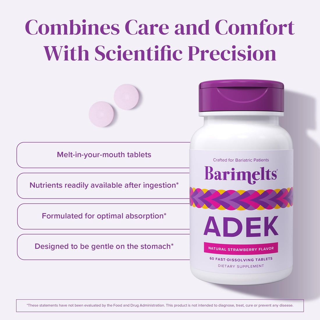 Barimelts ADEK - 60 Fast-Dissolving Tablets (2-Month Supply) - Sugar-Free Bariatric Vitamins for Women Including Vitamin A, Vitamin D, Vitamin E & Vitamin K, Natural Strawberry Flavor