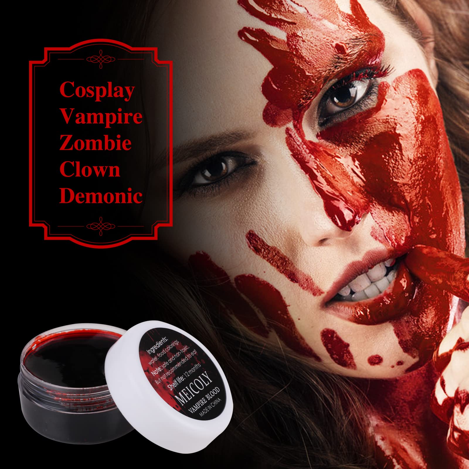 MEICOLY Quality Updated Halloween Coagulated Blood,30g/1.06 oz Fake Blood Gel with Black Stipple Sponge,for SFX Wound,Cuts,Clown,Vampire Film Cosplay Scab Makeup,