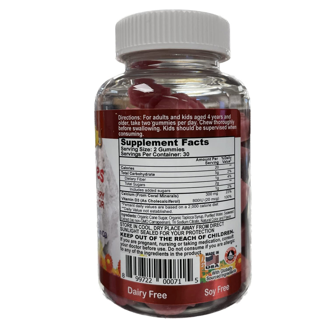 Coral Calcium Vitamin D3 Kids Gummy, Natural Cherry Flavor, Non GMO, Gluten-Free, Dairy-Free, Soy-Free and Gelatin Free - 300 mg of Calcium, and 800 IU of Vitamin D3-60 Gummies (1 Pack)