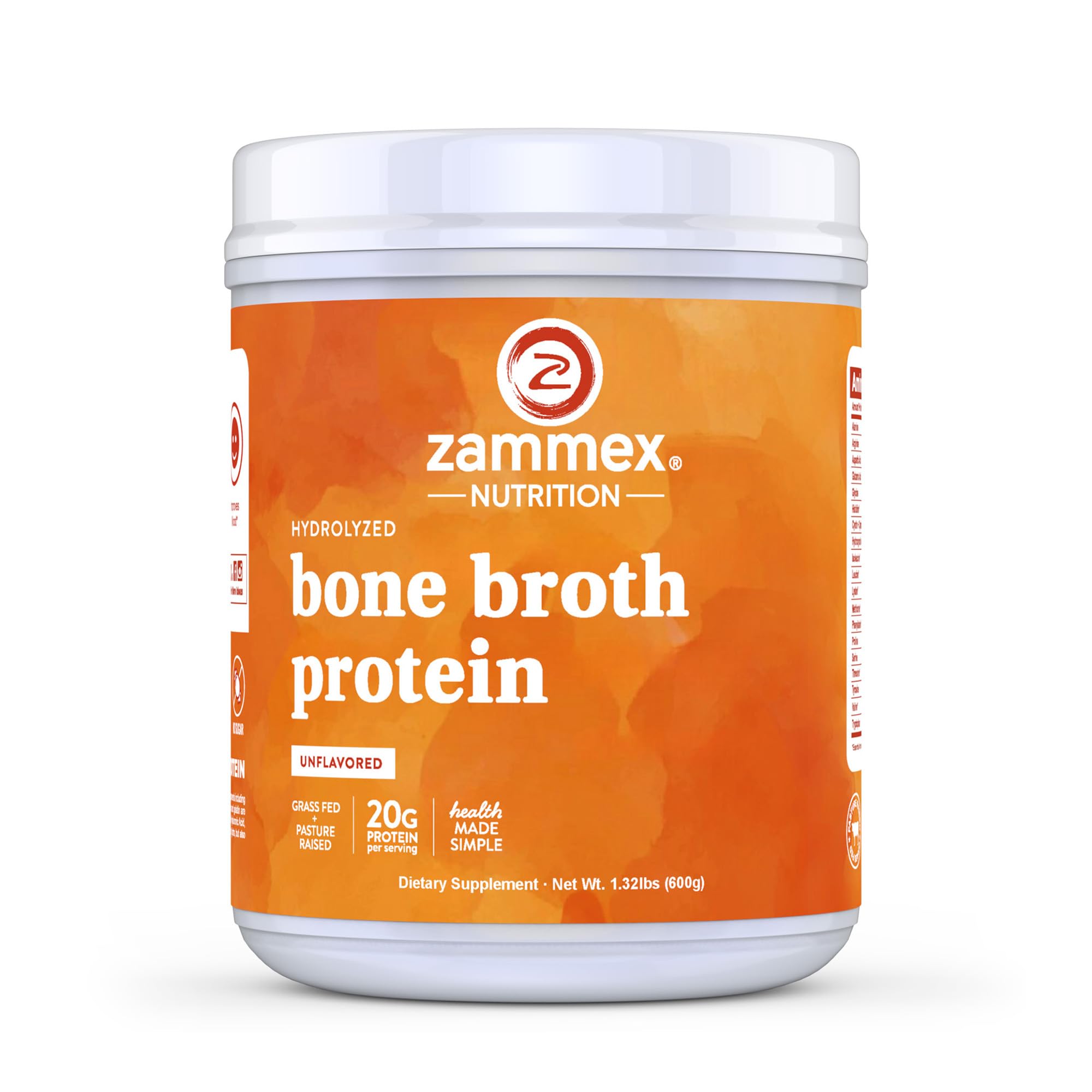 Zammex Pure Grass Fed Beef Bone Broth Protein Powder,20g Protein, Hydrolyzed Collagen Supplement for Healthy Skin,Nails,Hair,Joints, Non-GMO,Gluten Free,Paleo & Keto Friendly, Great in Soup