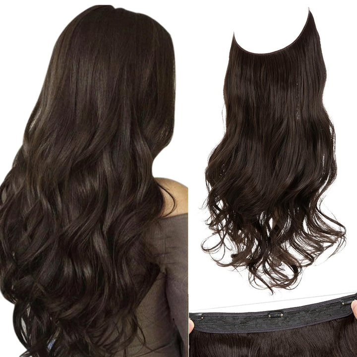 Dark Brown Hair Extension Halo Hairpiece Long 18 Secret Natural Wavy Synthetic Hair Pieces For Women Flip in Hidden Wire Crown Headband Japan Heat Temperature Fiber No Clip in(M01#6Dark Brown)