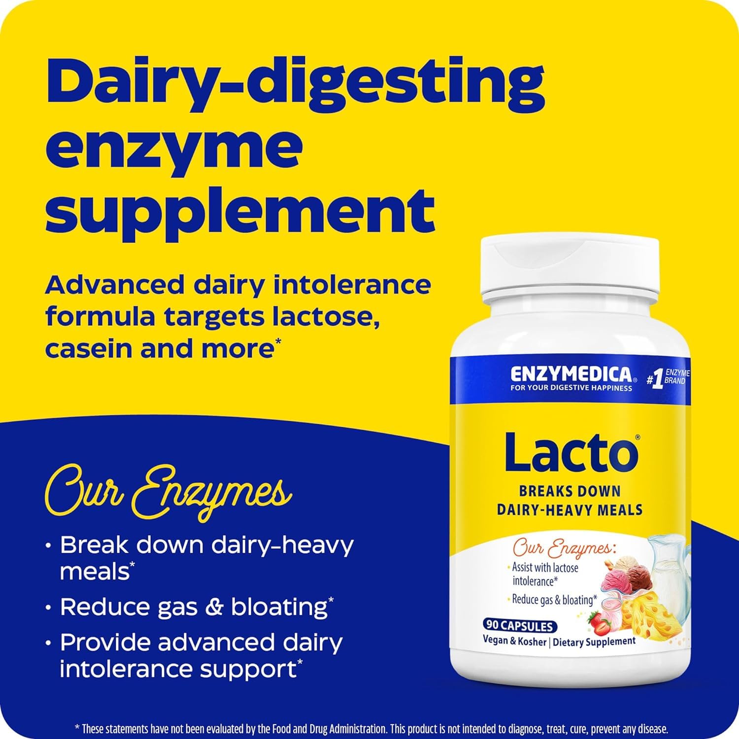 Enzymedica Lacto, Maximum Strength Formula for Dairy Intolerance, with Enzymes Lactase and Protease, Relieves Digestive Discomfort, 90 Capsules (90 Servings)