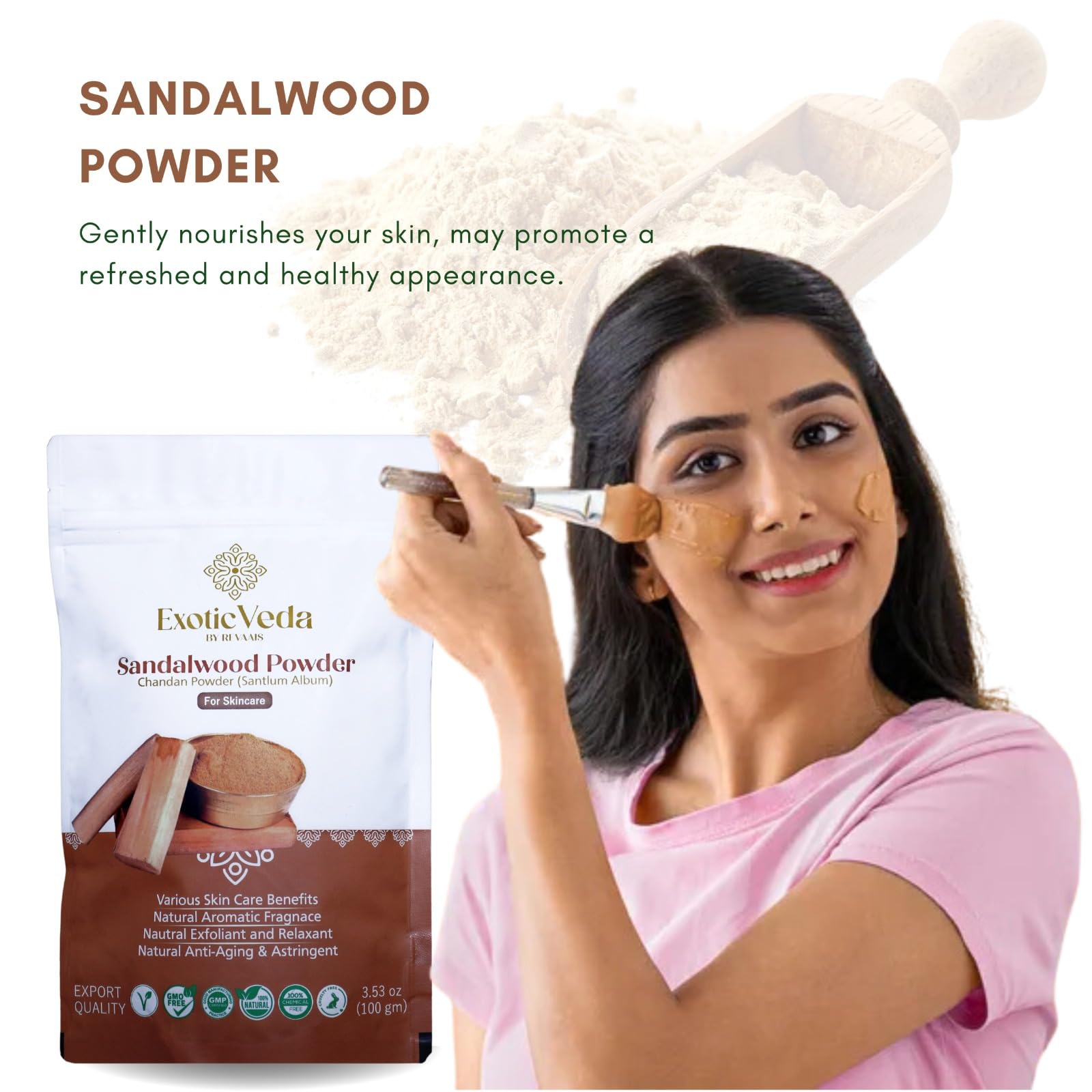 Exotic Veda Pure Sandalwood Powder for Face and Skin | Natural Skincare Chandan Scent Powder | Aromatic Sandalwood.