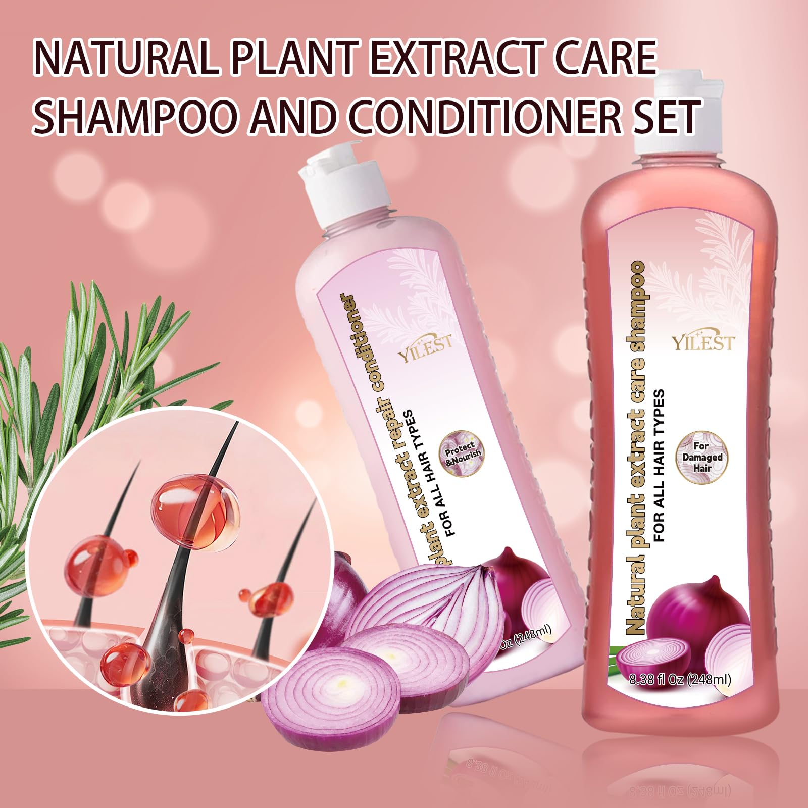 Onion Biotin and Rosemary Shampoo and Treatment Set for All Hair Types Conditioner Hair Care, Stronger, Thicker and Longer Hair, Growth Shampoo with Paraben Free, Silicone Free, Small