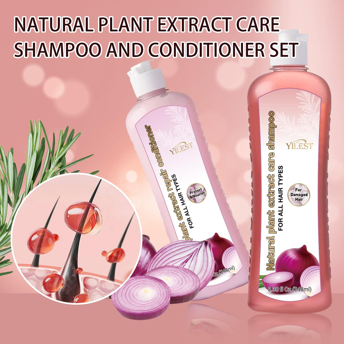Onion Biotin and Rosemary Shampoo and Treatment Set for All Hair Types Conditioner Hair Care, Stronger, Thicker and Longer Hair, Growth Shampoo with Paraben Free, Silicone Free, Small