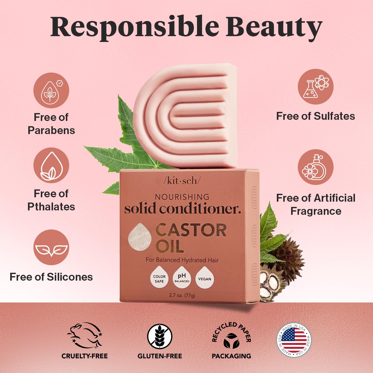 Kitsch Castor Oil Hair Conditioner Bar - Hydrating, Nourishing & Cleansing, For Curly, Wavy, or Straight Hair, Natural, Organic, Vegan, Plastic-Free, Paraben & Sulfate-Free, Eco-Friendly, 2.7 oz