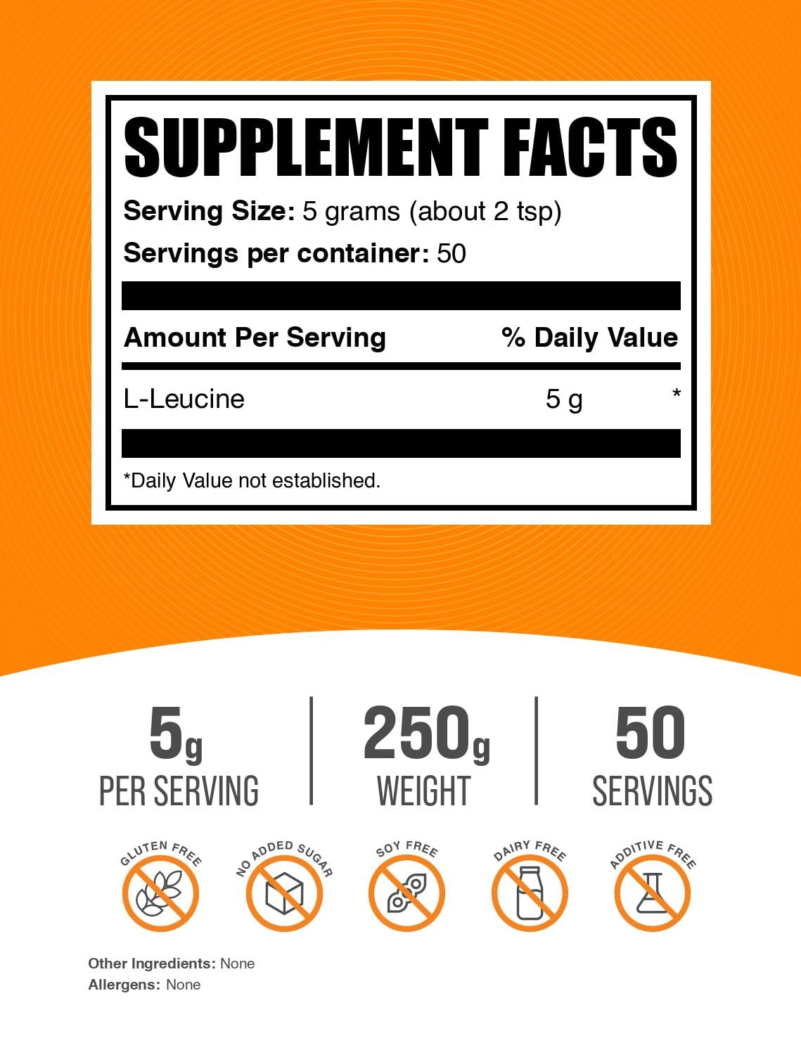 BulkSupplements.com L-Leucine Powder - Leucine Supplements, Leucine Amino Acid - BCAA Supplements, Leucine Powder - Unflavored, 5000mg per Serving, 250g (8.8 oz) (Pack of 1)