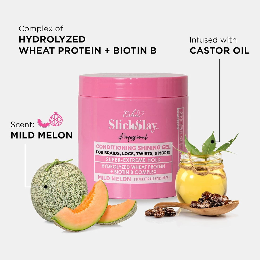 Esha Professional - Slick N Slay - Conditioning Gel – For Braids, Locs, Twists, & More! Hydrolyzed Wheat Protein + Biotin B Complex! - Mild Melon Scent (16 oz.)